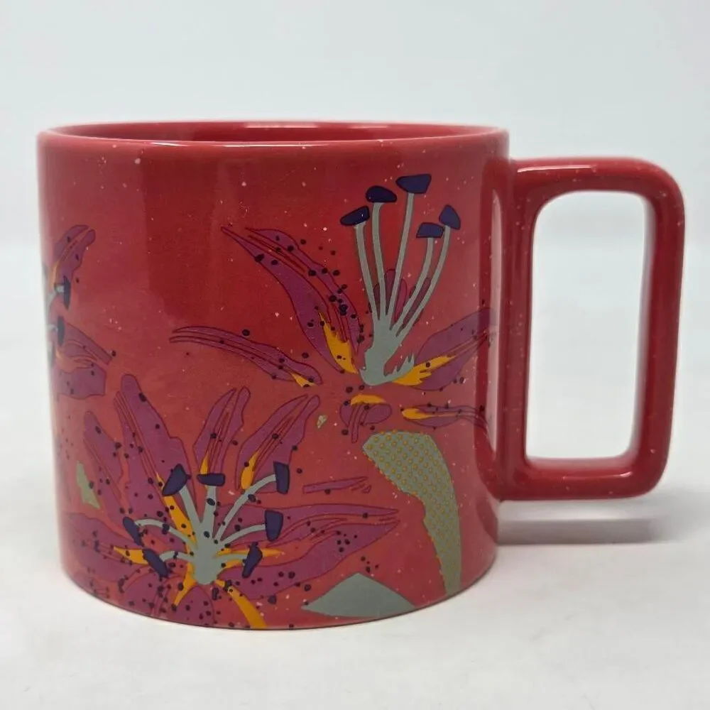 STARBUCKS SUMMER 2022 LILY FLOWERS GUAVA PINK/RED SPECKLED CERAMIC MUG 12 OZ.